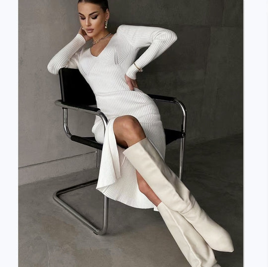 Damen Elegantes Strick-Maxikleid mit raffinierten Schnitt und figurbetontem Design R&B