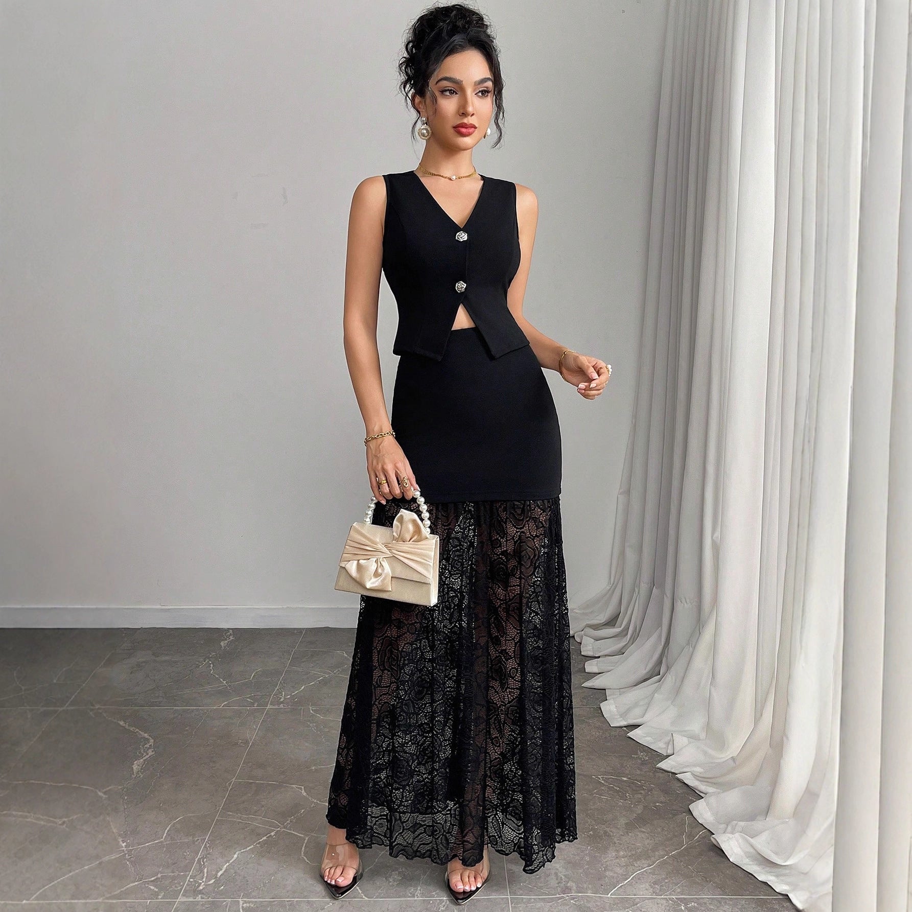 Damen nan zweiteiliges Abend-Set mit taillierter Weste und bodenlangem Spitzen-Overlay-Rock R&B
