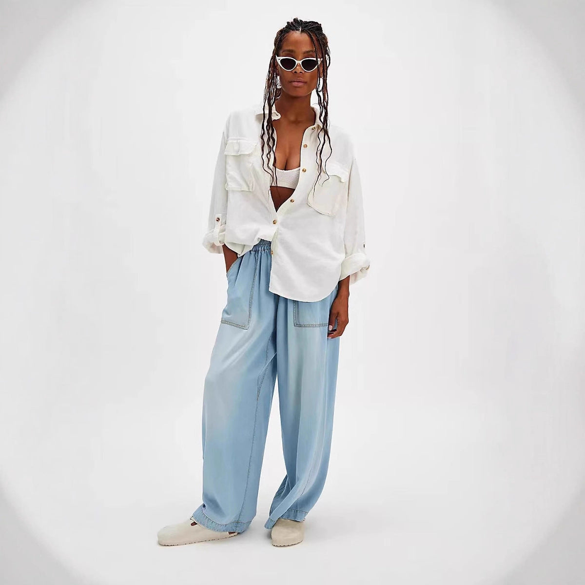 Damen Weite Denim-Hose mit elastischem Bund und Taschen
