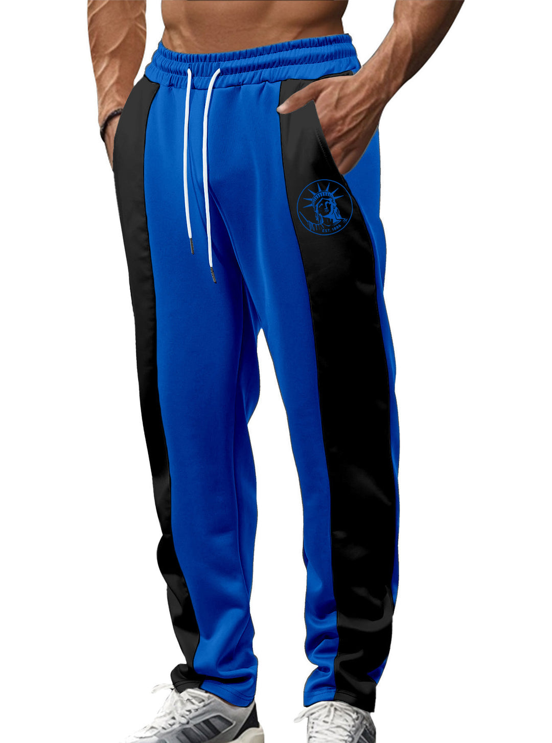 Herren nan sportive Trackpants mit seitlichen Kontrastbahnen elastischem Bund Kordelzug und Hirschstickerei R&B