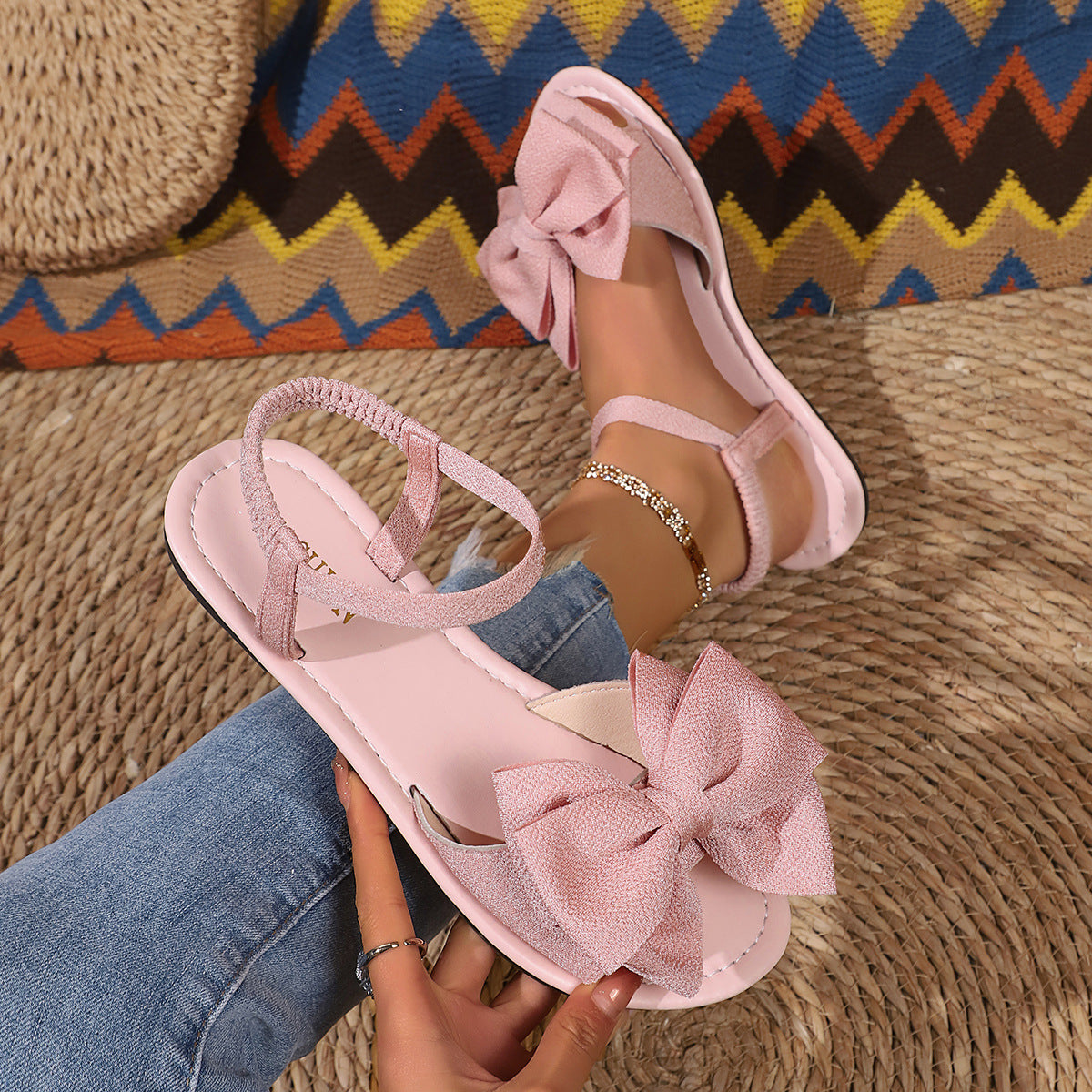 Damen flache Sandalen mit großem Schleifen-Detail und rutschfester Sohle R&B