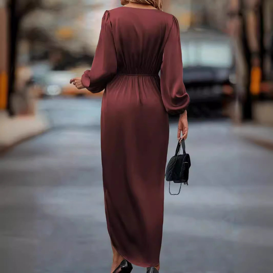 Damen nan tailliertes Drapé-Midikleid mit V-Ausschnitt Raffung Ballonärmeln und seitlichem Wickelschlitz R&B