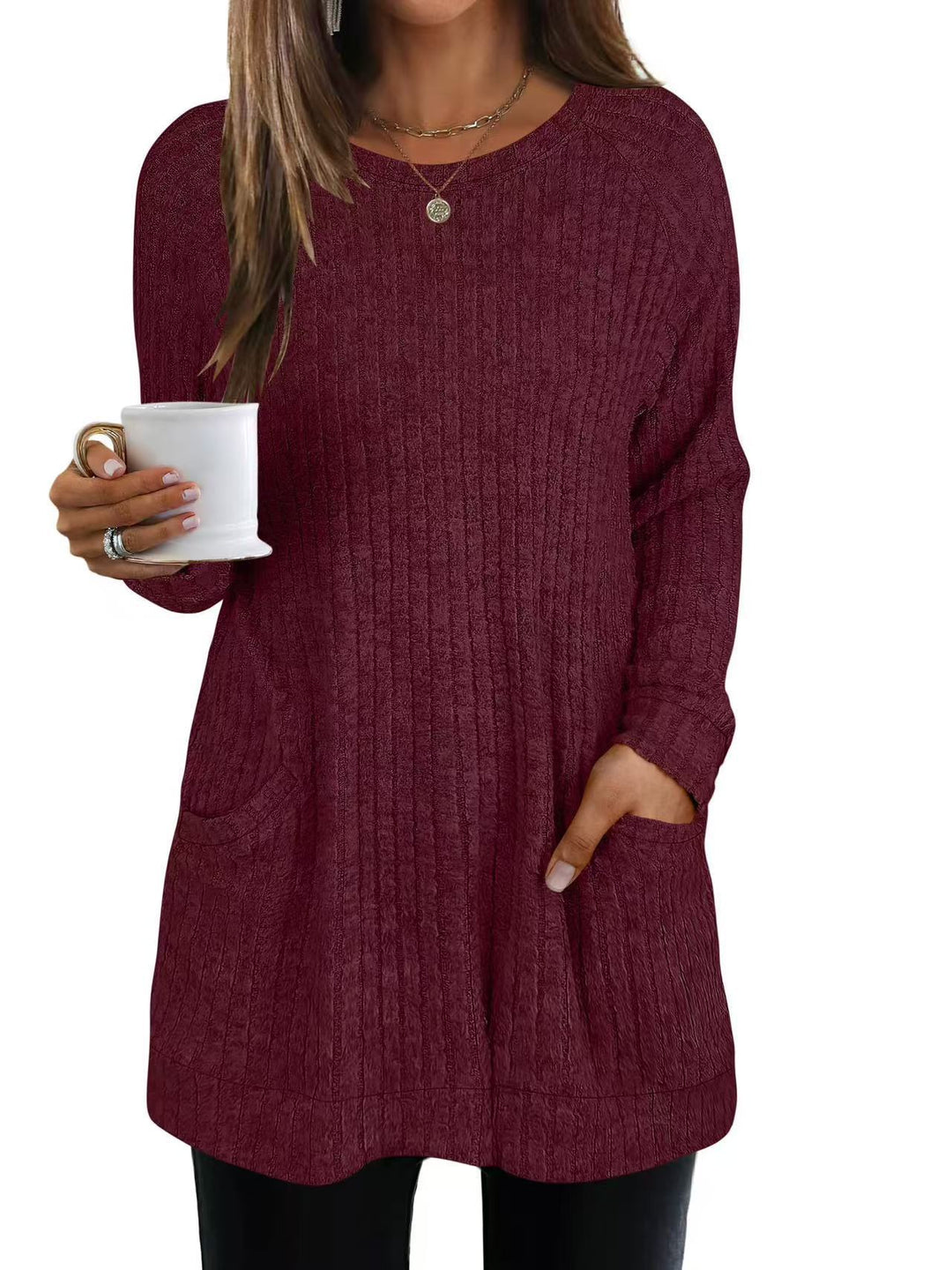 Damen lässiger Strickpullover mit seitlichen Eingrifftaschen und Rippenstruktur R&B