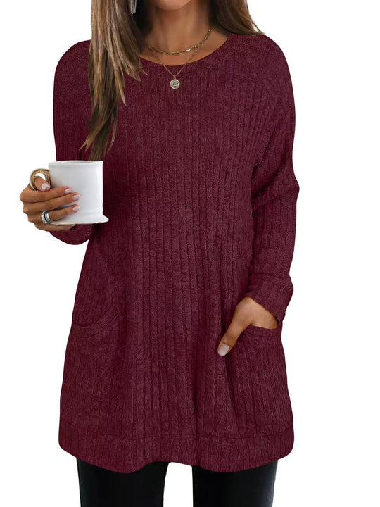 Damen lässiger Strickpullover mit seitlichen Eingrifftaschen und Rippenstruktur R&B