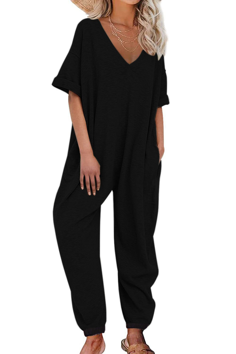 Damen Oversized Jumpsuit mit tiefem V-Ausschnitt und lässigen Taschen R&B