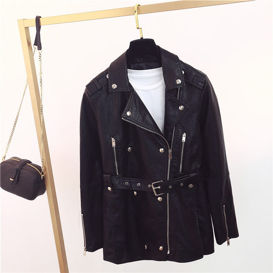 Damen zeitlose Bikerjacke aus Kunstleder mit Gürtel und Reißverschlussdetails R&B