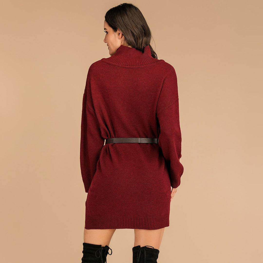 Damen Strickkleid mit hohem Kragen und seitlichen Schlitzen R&B