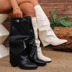 Damen nan kniehohe Slouch-Stiefel mit spitzer Zehenpartie niedrigem Blockabsatz und dekorativem Schaftgurt R&B