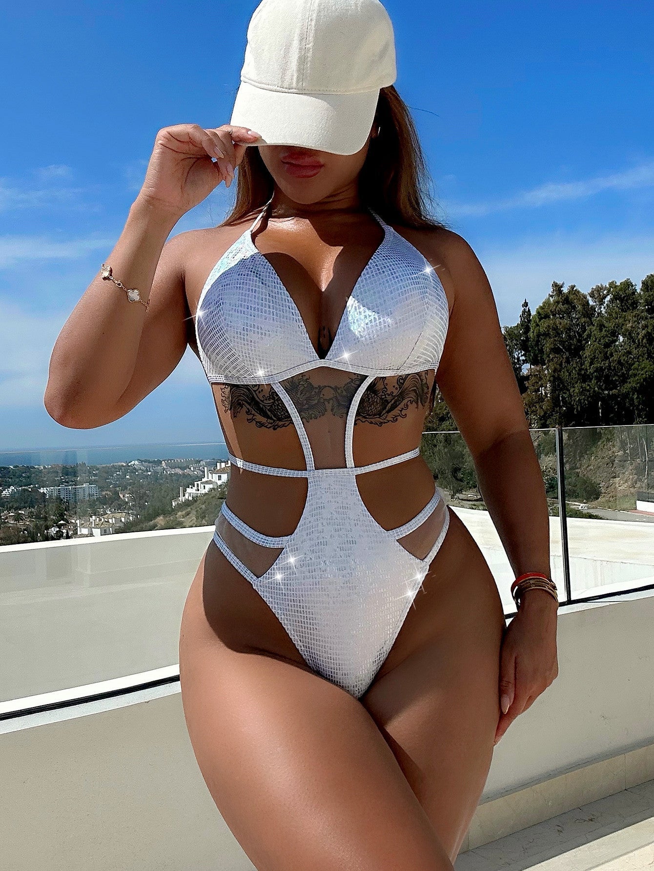 Damen Cut-Out Triangel-Bikini-Set mit transparenten Einsätzen