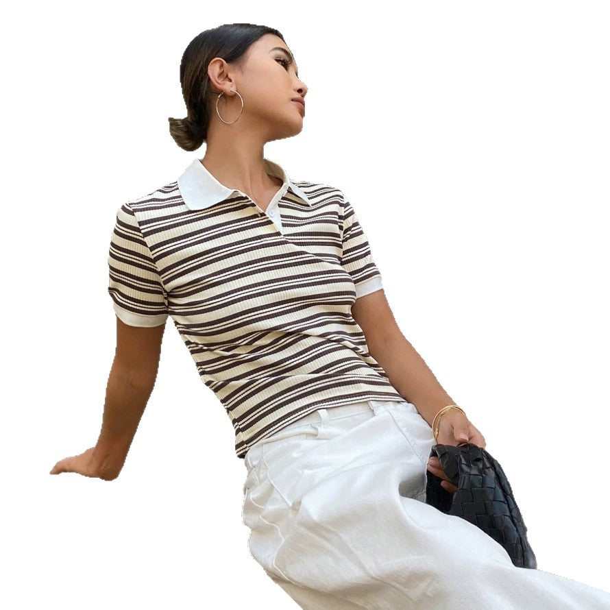 Damen Polo Shirt mit gestreiftem Design und feiner Rippstruktur R&B