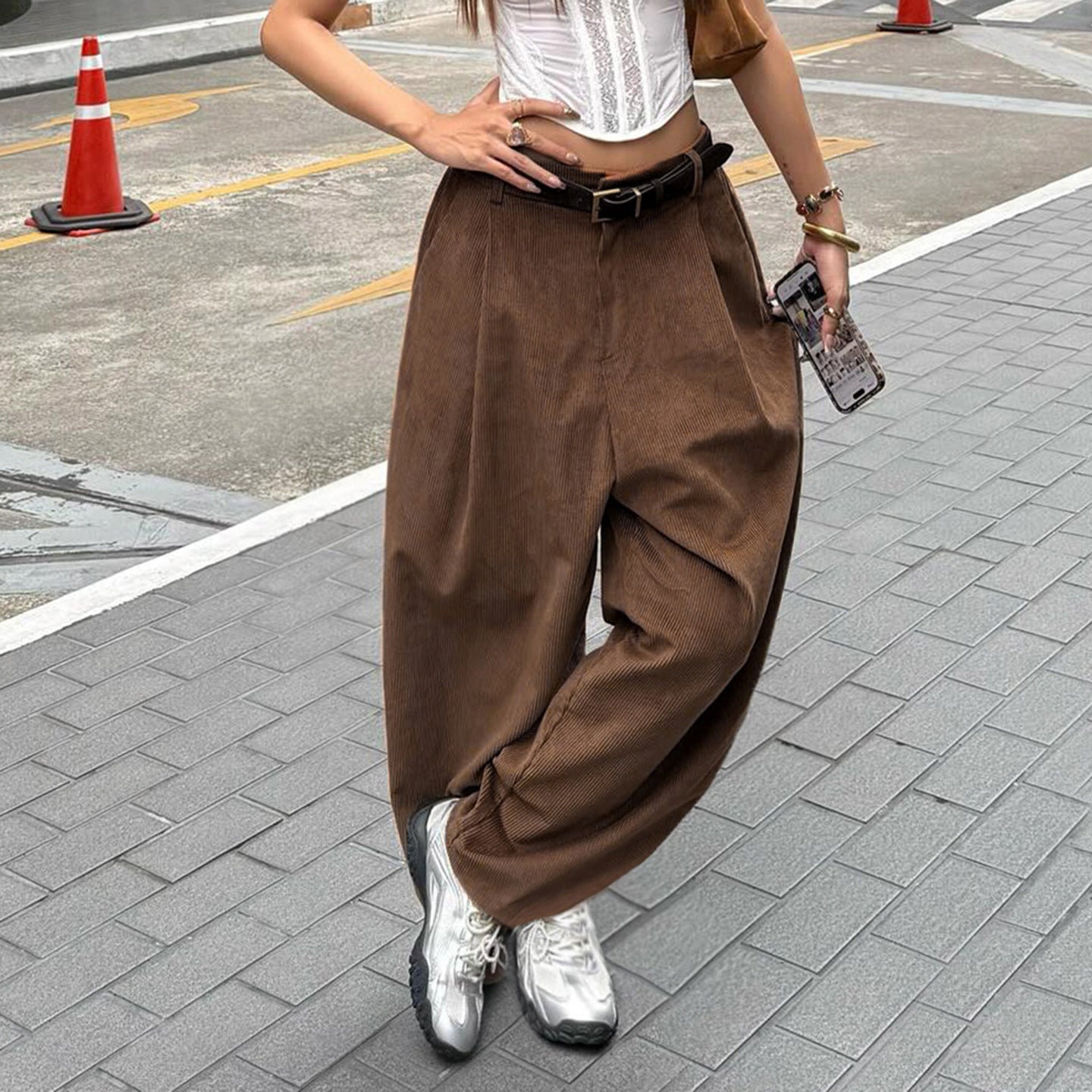 Damen weite Cordhose mit Falten R&B