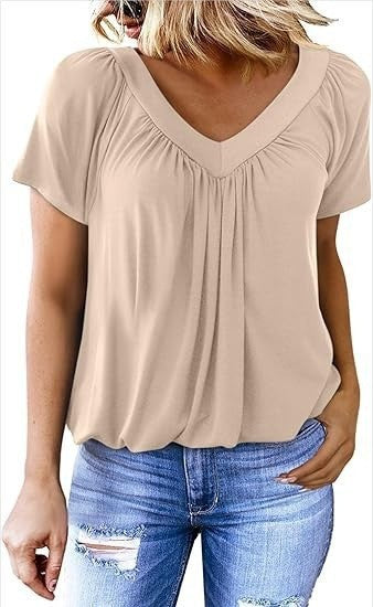 Damen luftige V-Ausschnitt Bluse mit Plissee und kurzen Ärmeln R&B