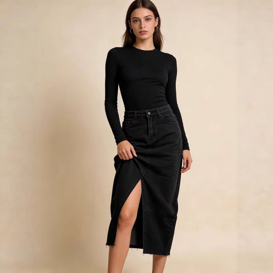 Damen Midi-Denim-Rock mit hohem Schlitz und fransigem Saum R&B