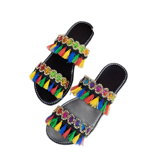 Damen Bunte Badeschuhe mit auffälligen Quasten und Schmuckverzierung R&B
