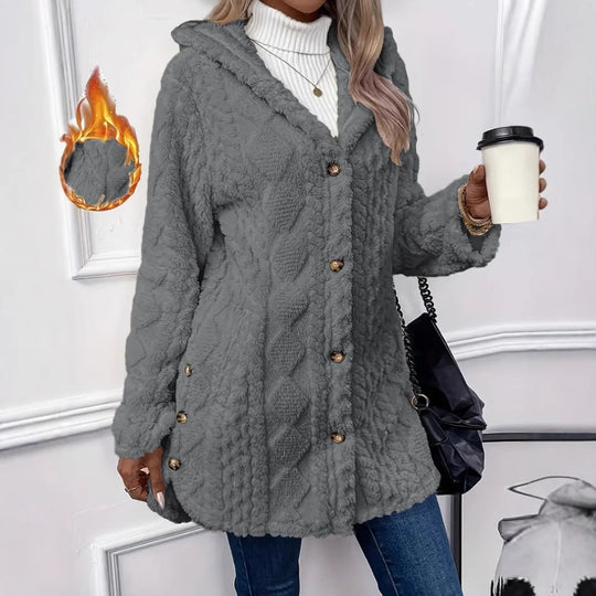 Damen kuscheliger Oversized-Mantel mit Kapuze und Knopfleiste R&B