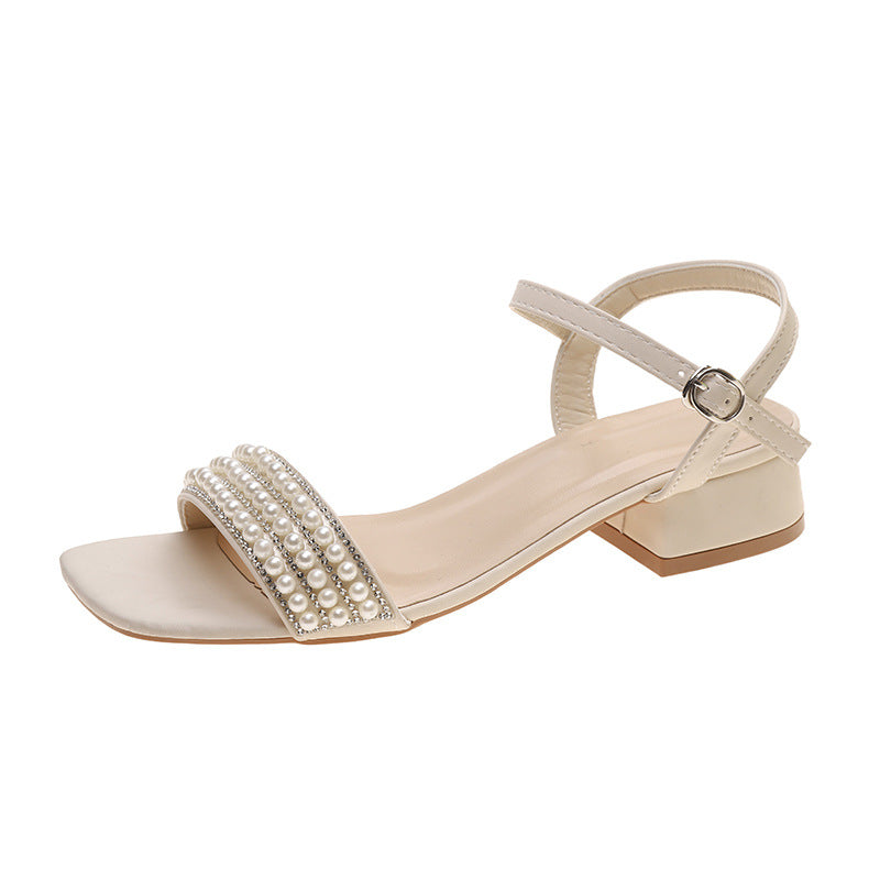 Damen elegante Sandalen mit Perlenverzierung und niedrigem Blockabsatz R&B
