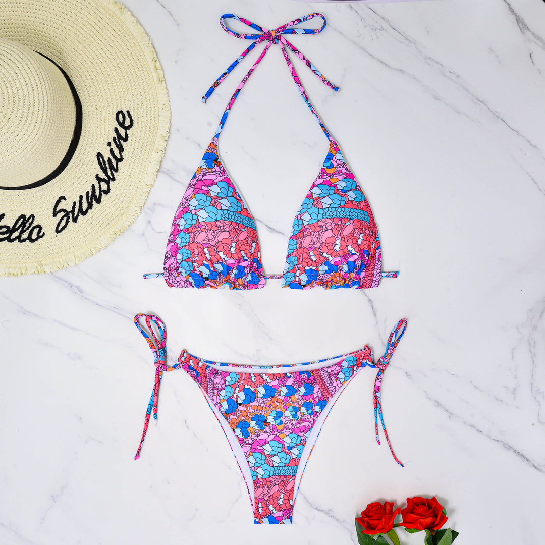 Damen Triangel-Bikini mit verspieltem floralem Muster und verstellbaren Bändern R&B