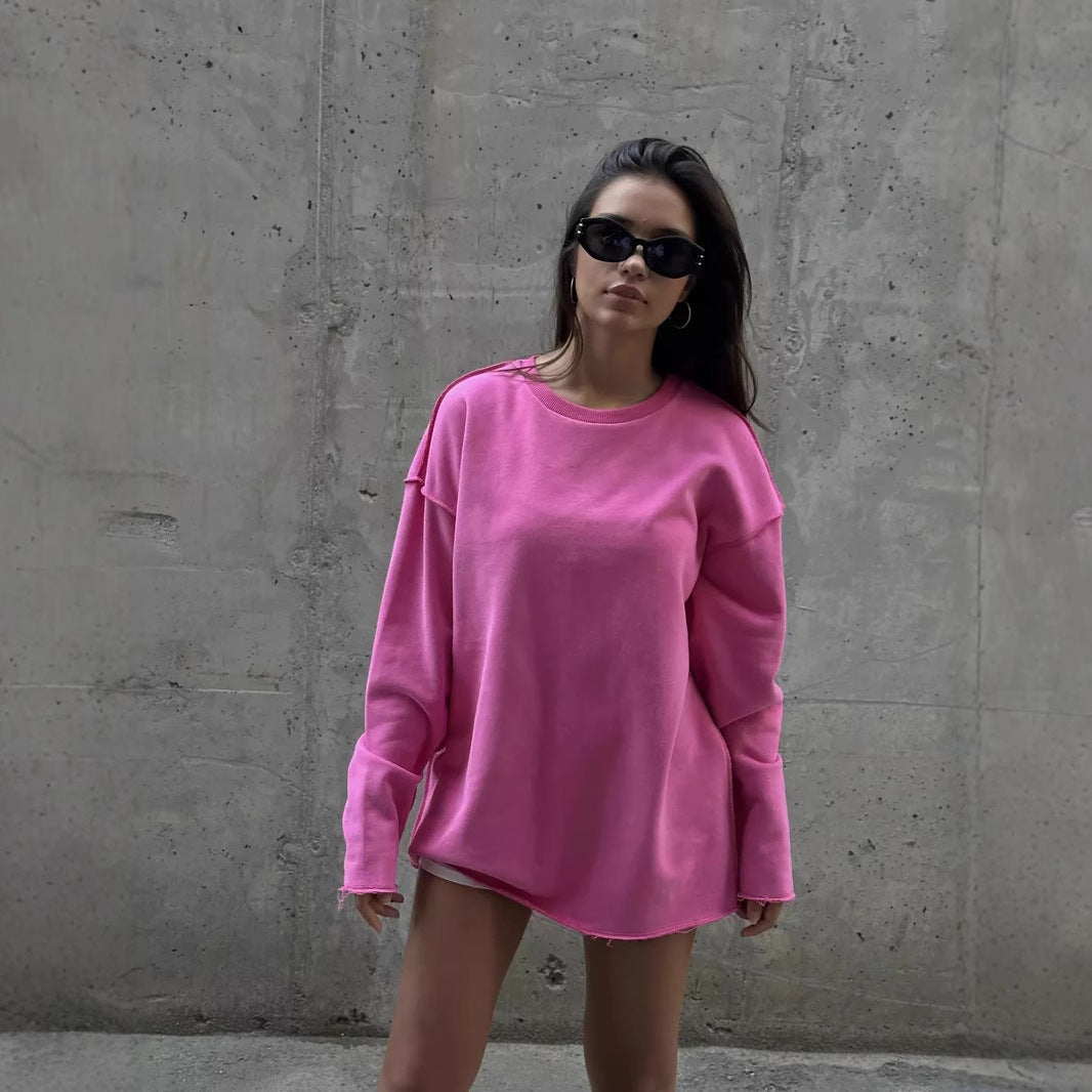 Damen Lässiger Oversized-Pullover mit abgerundetem Saum und langen Ärmeln R&B