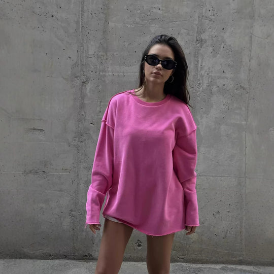 Damen Lässiger Oversized-Pullover mit abgerundetem Saum und langen Ärmeln R&B