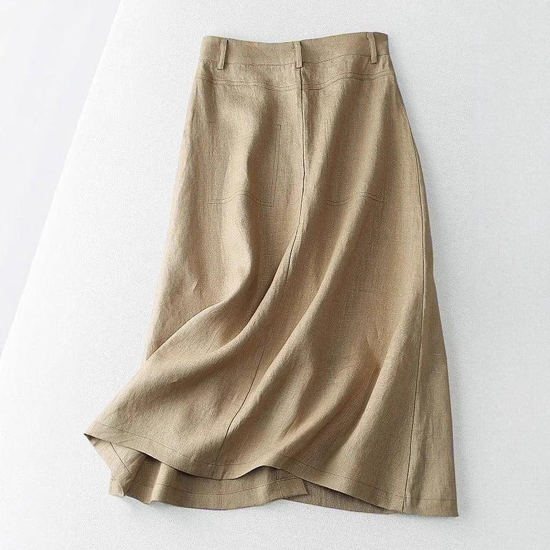Damen Langer Leinenrock mit Knopfdetails und Taschen R&B