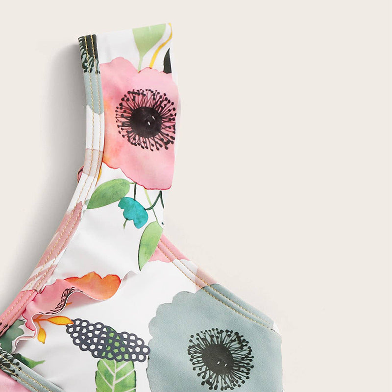 Damen Zweiteiliges Blumen-Bikini-Set mit tailliertem Oberteil und Rüschenslip