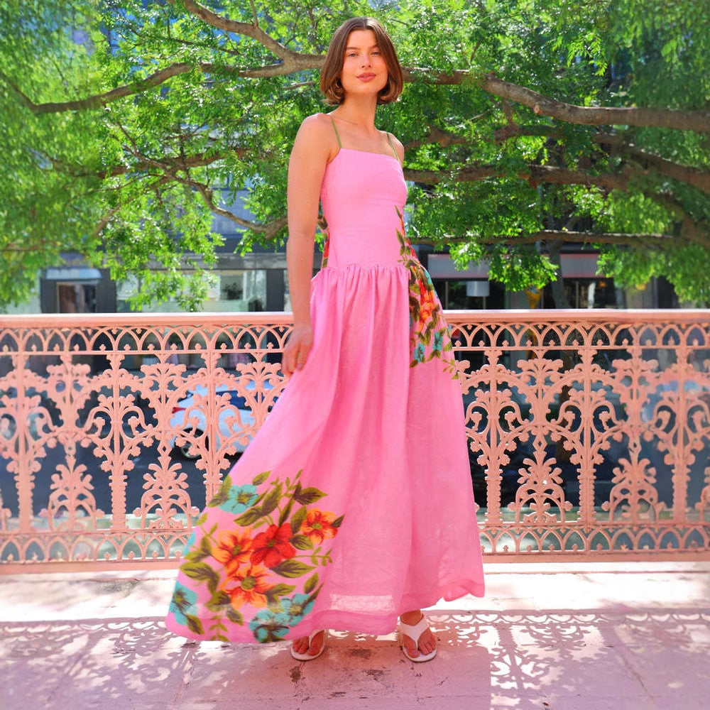 Damen Maxikleid mit floralem Drapierungsdesign und ankle bared Trägern R&B