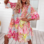 Damen nan Luftiges Stufenkleid im Patchwork-Boho-Stil mit Stehkragen, geraffter Taillennaht und Dreiviertelärmeln R&B
