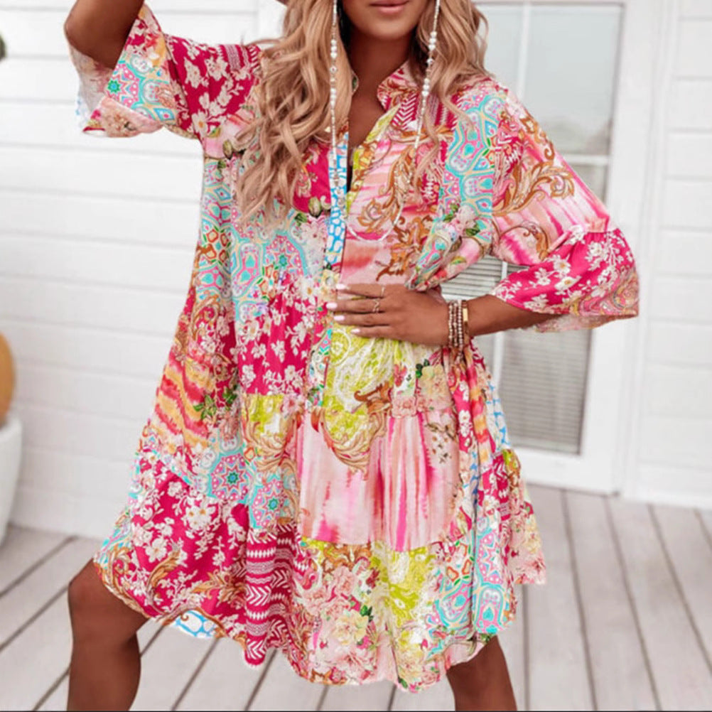 Damen nan Luftiges Stufenkleid im Patchwork-Boho-Stil mit Stehkragen, geraffter Taillennaht und Dreiviertelärmeln R&B