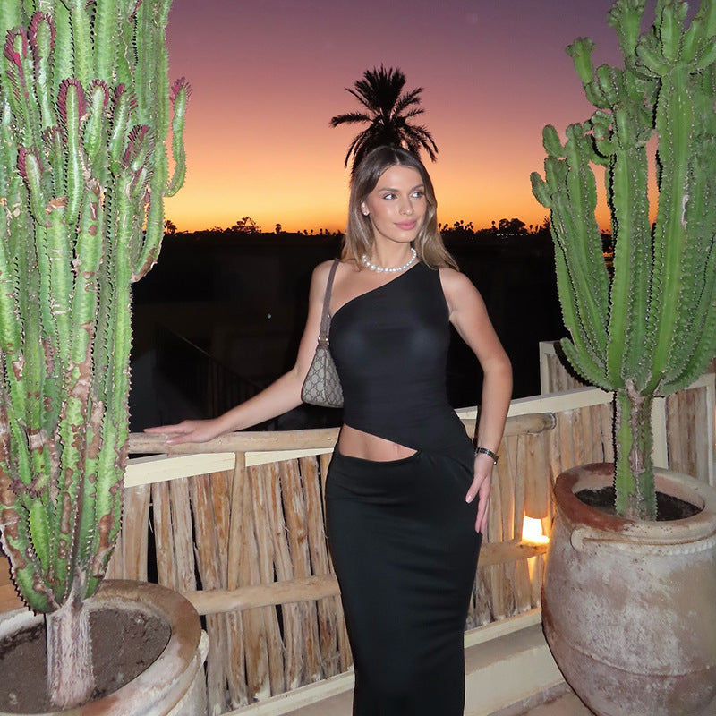 Damen elegantes Maxikleid mit asymmetrischem Schnitt und raffiniertem Seitenausschnitt R&B