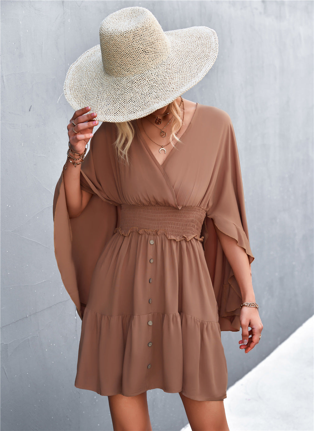 Damen lässiges Wickelkleid mit voluminösen Ärmeln und Knopfdetails R&B