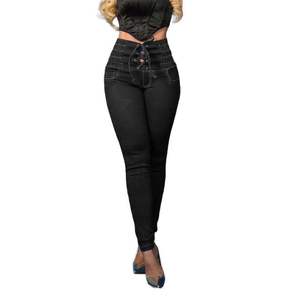 Damen Skinny Jeans mit modischem Schnürdetail und hohem Taillenbund R&B