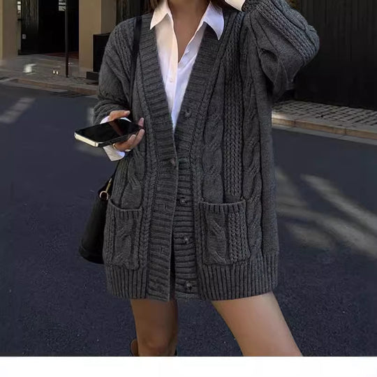 Damen Strickcardigan mit tiefem V-Ausschnitt und strukturiertem Zopfmuster R&B