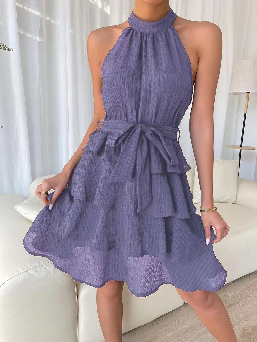 Damen Hochgeschlossenes Volantkleid mit Taillengürtel R&B