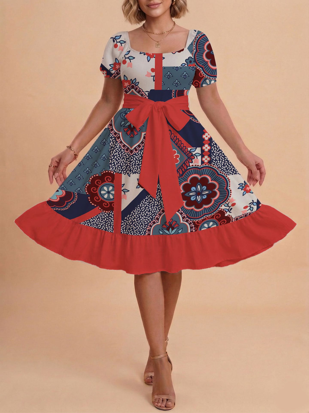 Damen Retro Maxikleid mit Puffärmeln und Taillengürtel R&B