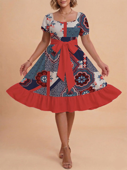 Damen Retro Maxikleid mit Puffärmeln und Taillengürtel R&B