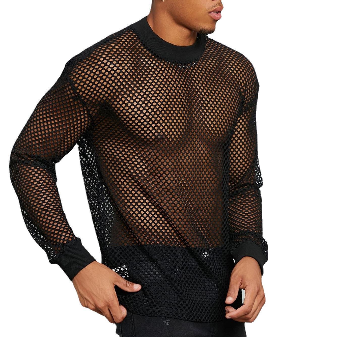 Herren nan transparentes Netz-Langarmshirt mit Rundhals und gerippten Bündchen R&B