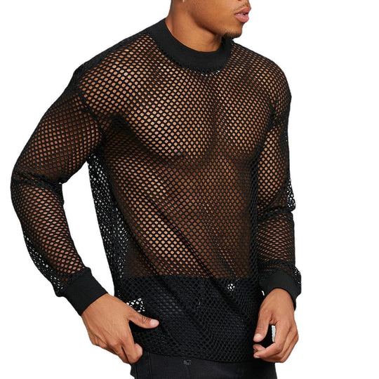 Herren nan transparentes Netz-Langarmshirt mit Rundhals und gerippten Bündchen R&B