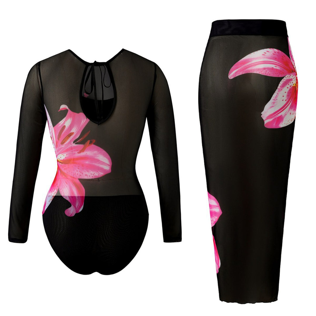 Damen Eleganter Badeanzug mit langem Arm und transparente Wickelrock R&B
