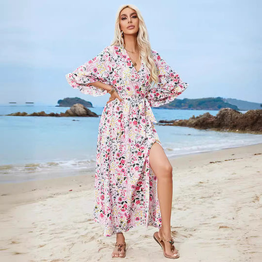Damen Maxikleid mit floralen Mustern und Langen Ärmeln R&B