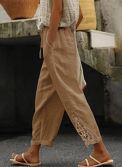 Damen luftige Leinenhose mit dekorativen Stickereien R&B