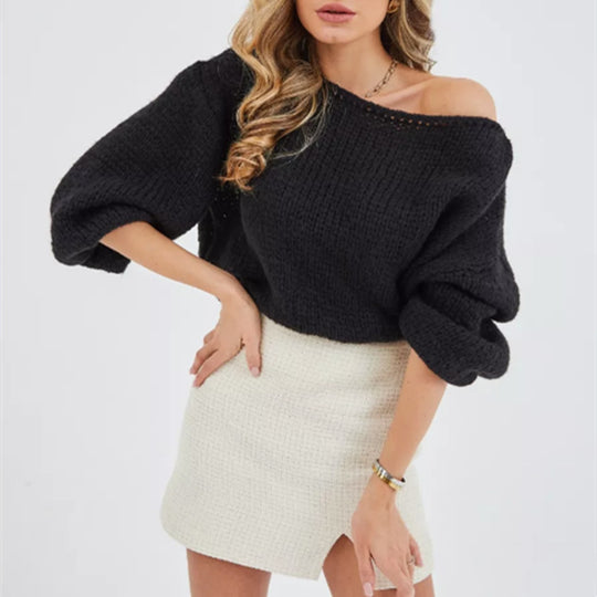 Damen Flauschiger Off-Shoulder Pullover mit überschnittenen Schultern R&B