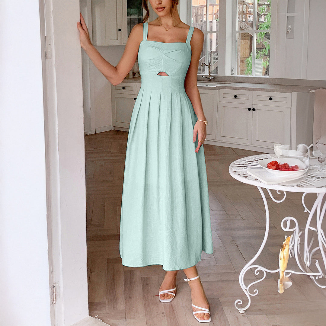 Damen Knielanges Leinenkleid mit ausgestelltem Rock und V-Ausschnitt R&B