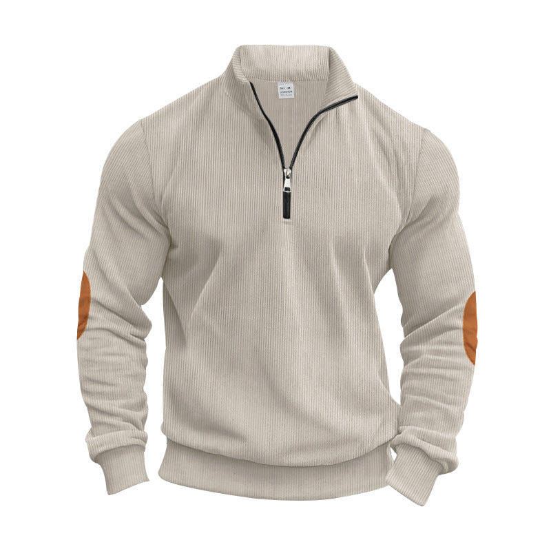 Herren nan strukturierter Baumwoll-Strickpullover mit halbem Reißverschluss und Ellenbogenbesatz R&B