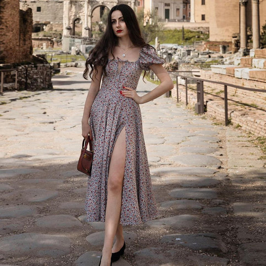 Damen romantisches Maxi-Kleid mit elastischen Puffärmeln und zartem Blumendruck R&B
