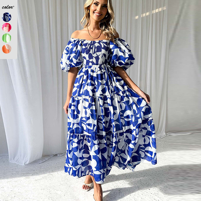 Damen Maxikleid mit schulterfreiem Schnitt und luftigen Puffärmeln R&B