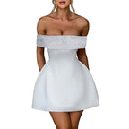 Damen Off-Shoulder Minikleid mit schimmerndem Bustier-Oberteil R&B