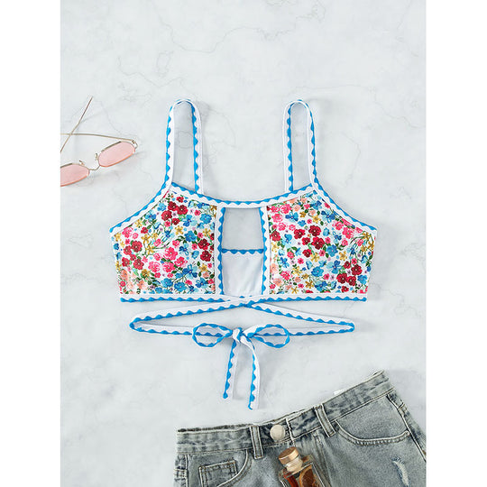 Damen Bikini-Oberteil mit floralem Design und verspielten Bindebändern R&B
