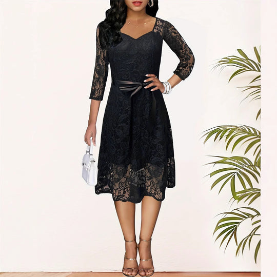 Damen Spitzenkleid mit Taillengürtel und eleganten Halbärmeln R&B
