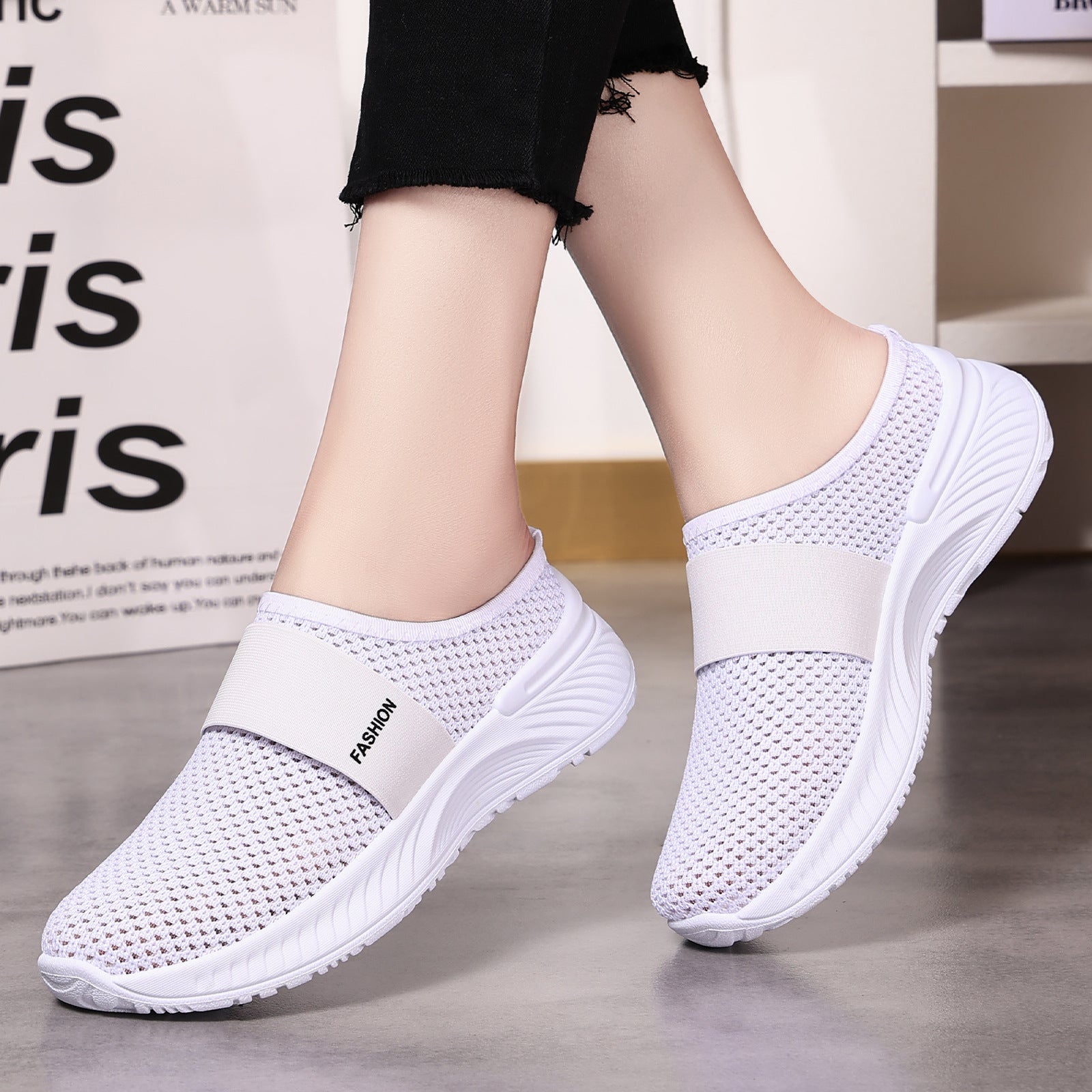 Damen nan atmungsaktive Strick-Slipper mit elastischem Mittelriemen und stoßabsorbierender Wellenlaufsohle R&B