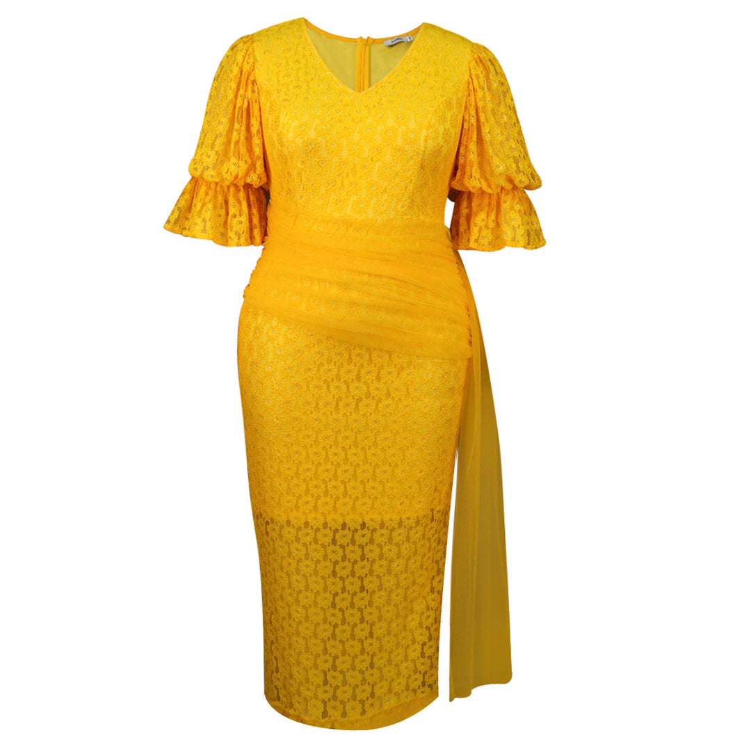 Damen elegantes Spitzenteil Kleid mit voluminösen Rüschensäumen R&B